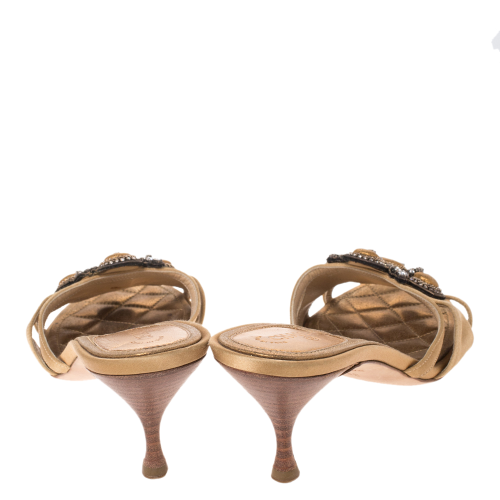 Chanel Gold Satin Crystal Embellished Slide Sandals Size 38