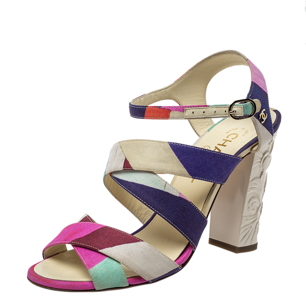 Image of Chanel Multicolor Fabric Strappy Sculpture Heel Ankle Strap Sandals Size .