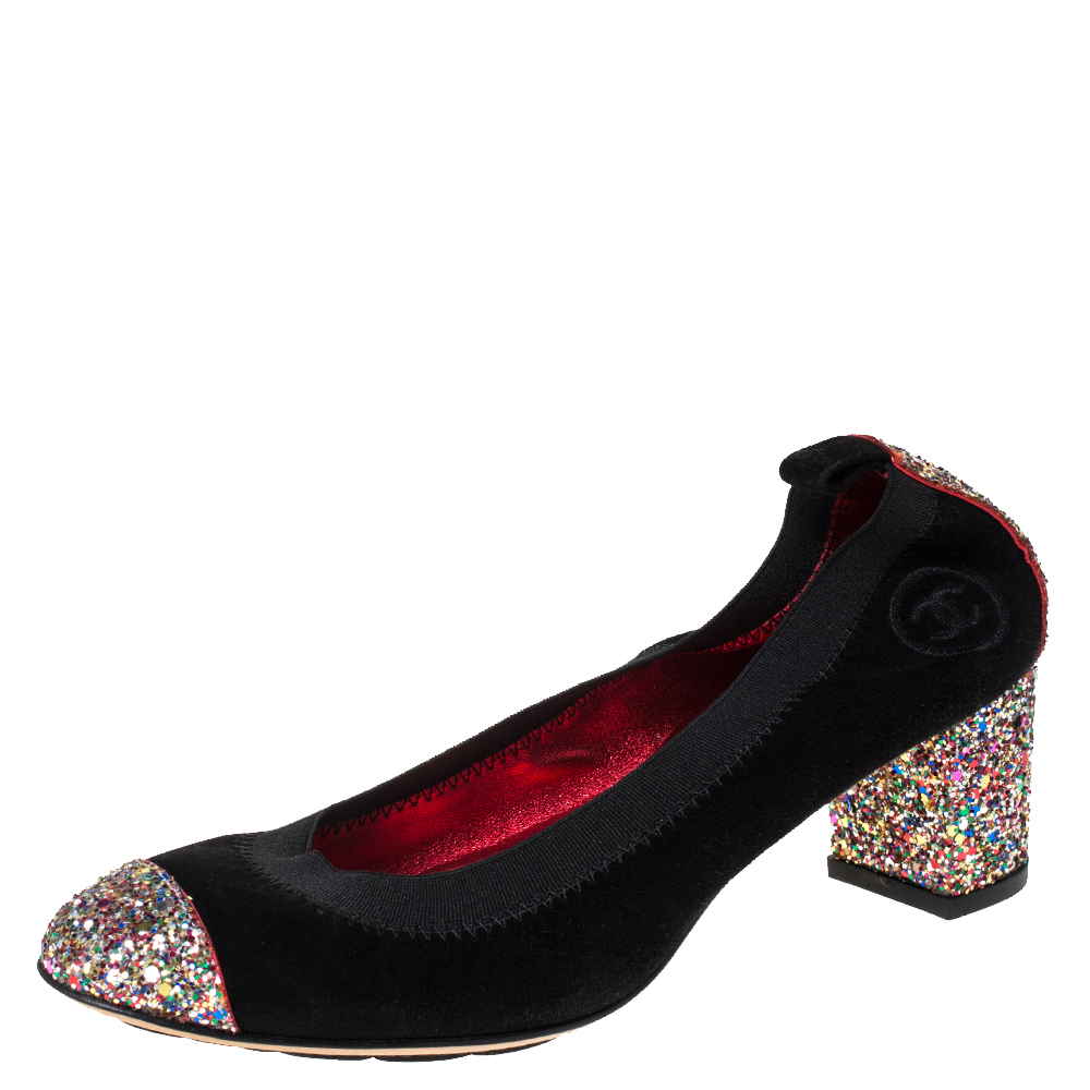 Image of Chanel Two Tone Suede And Coarse Glitter Cap Toe Scrunch Ballet Pumps Size .