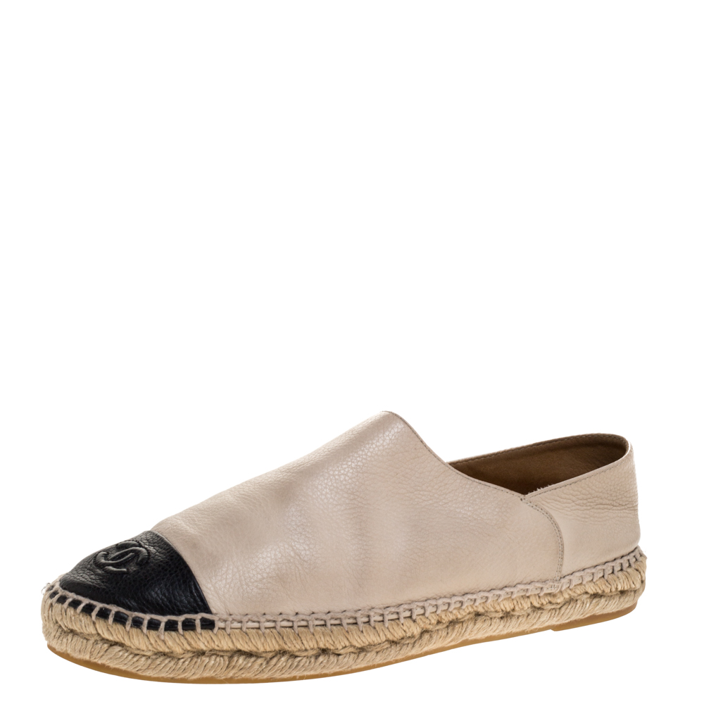 Image of Chanel Beige/Black Leather CC Cap Toe Slip On Espadrilles Size