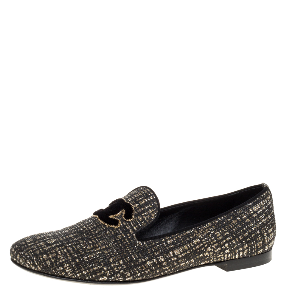 Image of Chanel Shimmery Black Fabric CC Smoking Slippers Size .