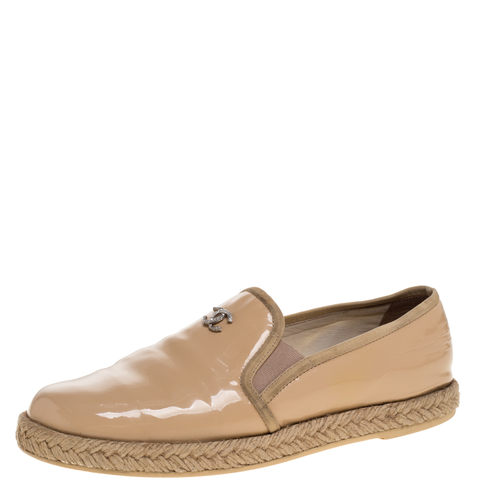 Image of Chanel Beige Patent Leather Espadrille Slip On Loafers Size