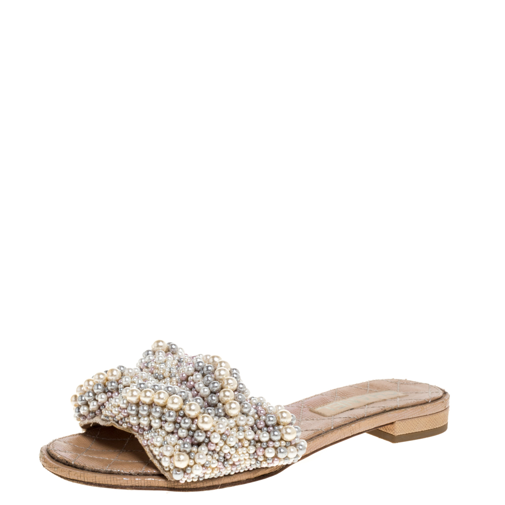 Image of Chanel Beige Faux Pearl Slide Flat Sandals Size