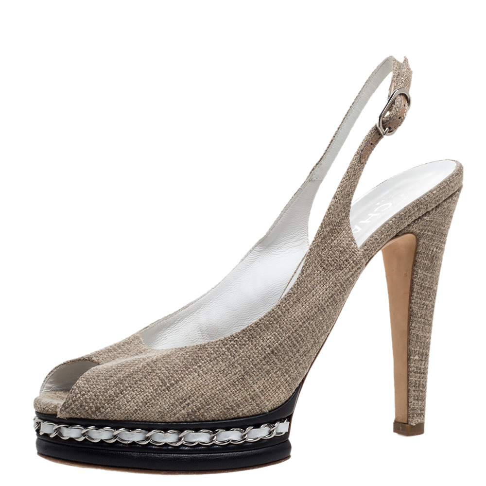 Image of Chanel Beige Canvas And Black Leather Peep Toe Platform Slingback Sandals Size .