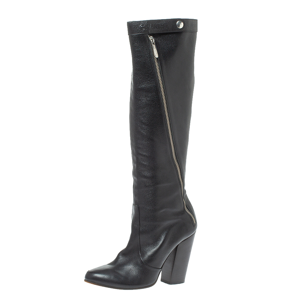 Image of Chanel Black Leather Round Toe Block Heel High Boots Size