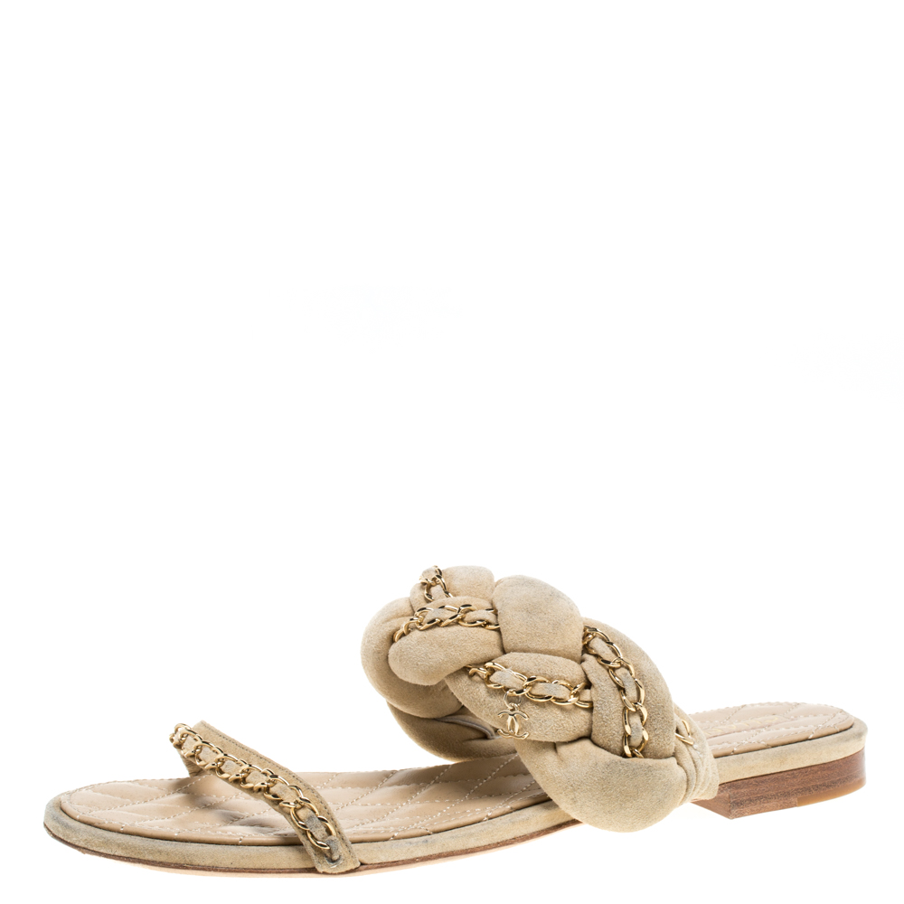 Image of Chanel Beige Suede Leather Chain Embellished Flat Sandals Size