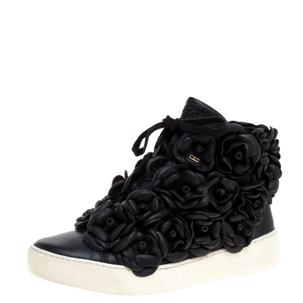 Image of Chanel Black CC Camellia Leather High Top Sneakers Size .