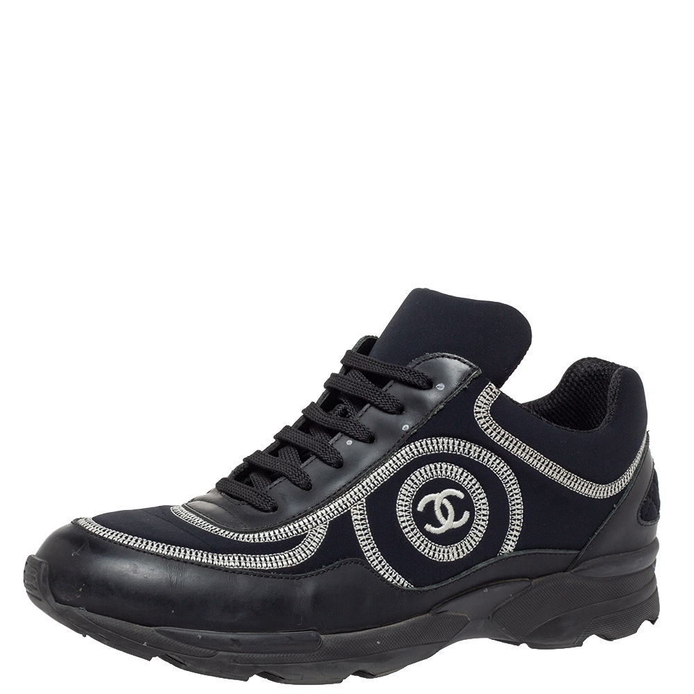 Image of Chanel Black Fabric And Leather CC Low Top Sneakers Size .