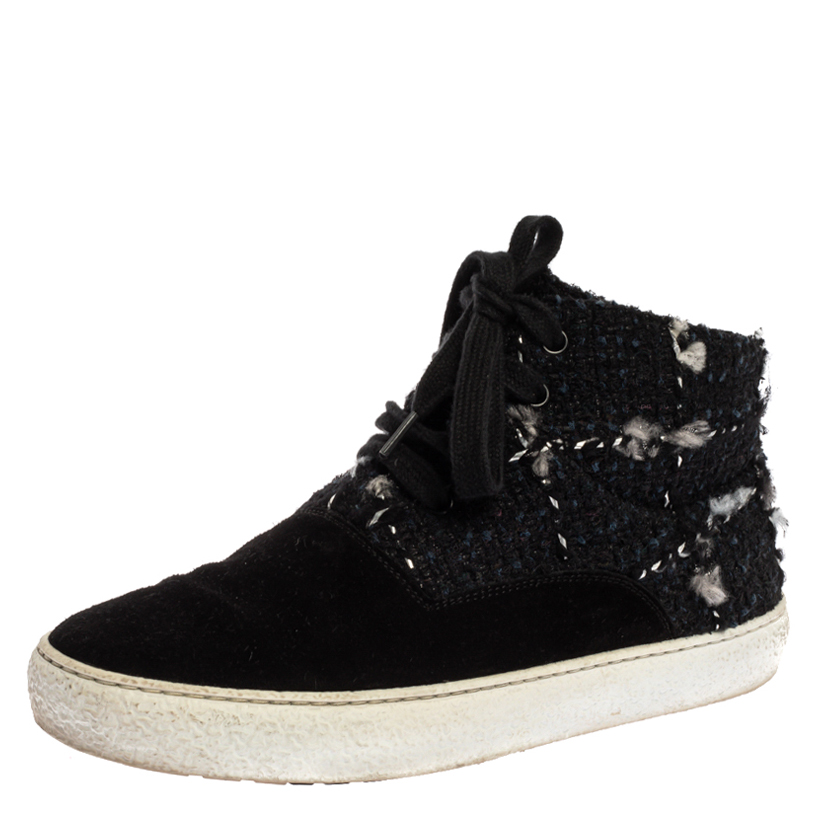 Image of Chanel Black Tweed Fabric And Suede Leather High Top Sneakers Size