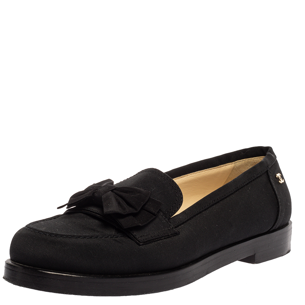 Image of Chanel Black Canvas CC Bow Slip On Loafers Size .