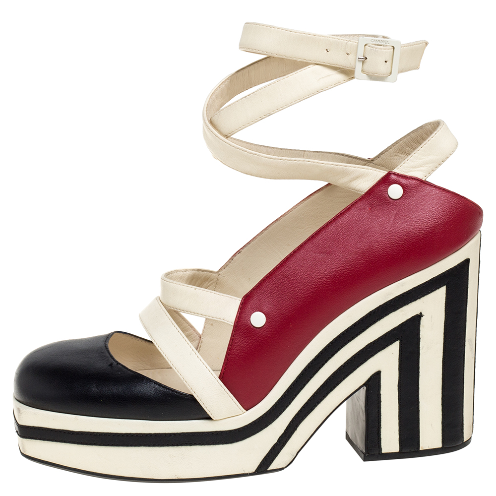 Chanel Tri Color Leather Ankle Wrap Square Toe Platform Sandal Size, White
Chanel Tri Color Leather Ankle Wrap Square Toe Platform Sandal Size, White