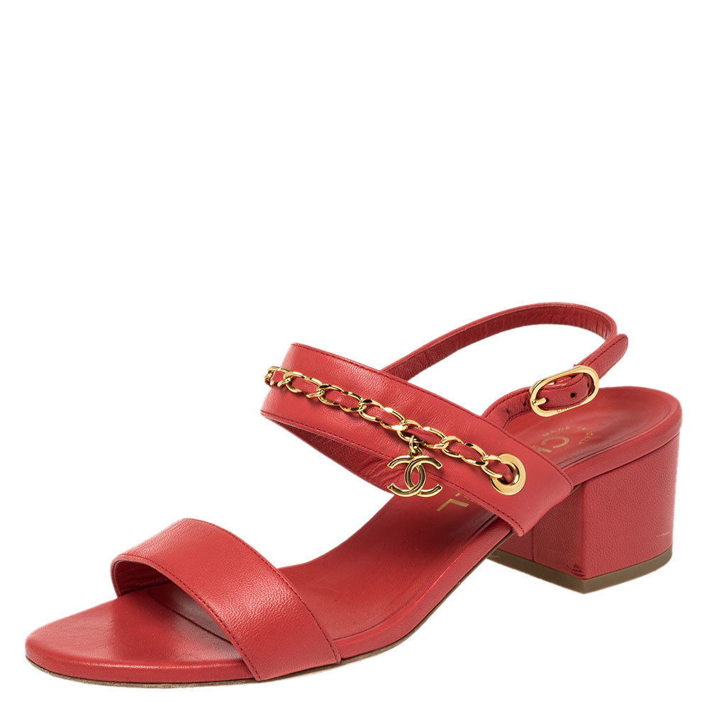 Image of Chanel Red Leather Chain Link Open Toe Ankle Strap Sandals Size .