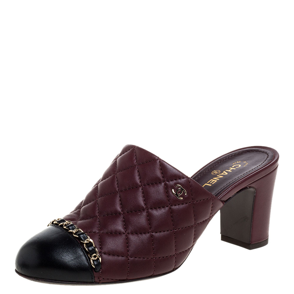 Image of Chanel Burgundy Quilted Leather Chain Link Mule Sandals Size .