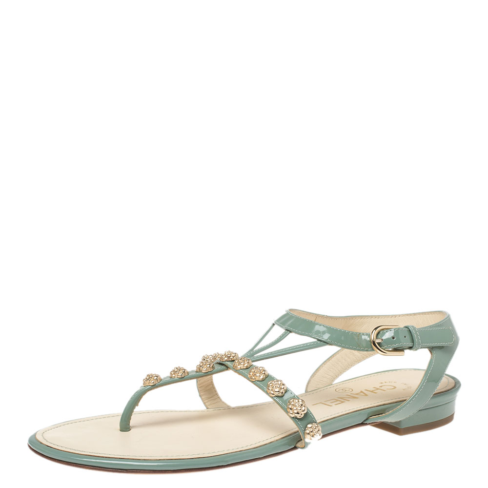 Image of Chanel Pale Blue Patent Leather Camellia Stud Thong Flats Size