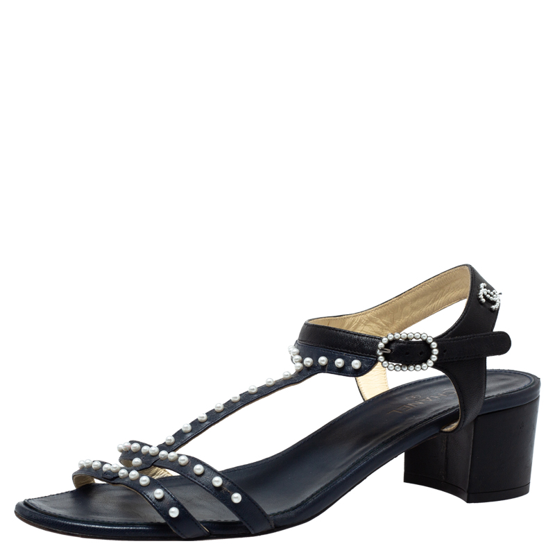 Image of Chanel Blue/Black Leather Pearl Embellished Block Heel Sandals Size