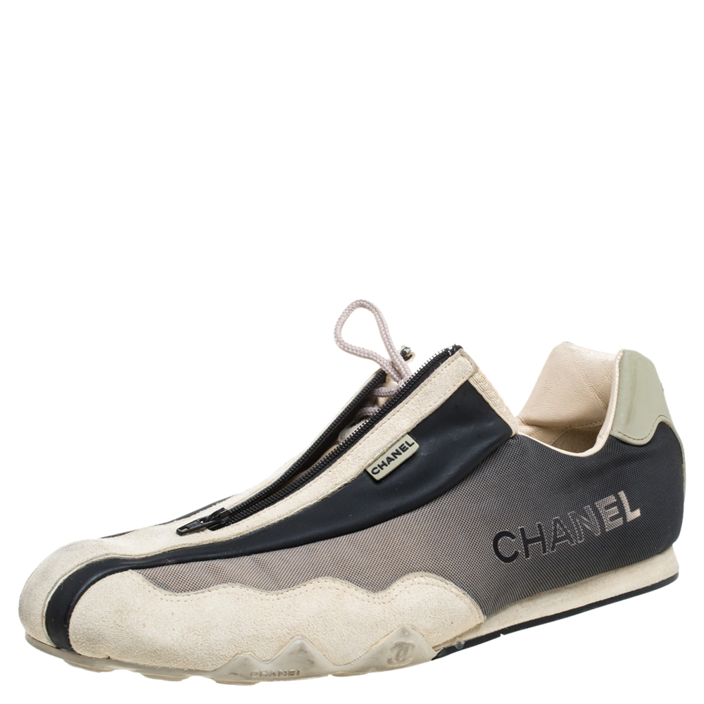 Image of Chanel Black/Beige Leather And Fabric Zipper/Lace Sneakers Size