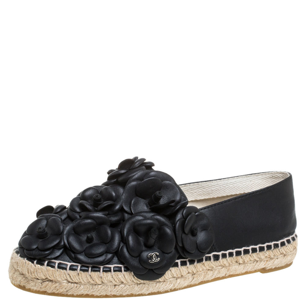 Image of Chanel Black Leather CC Camellia Espadrilles Size