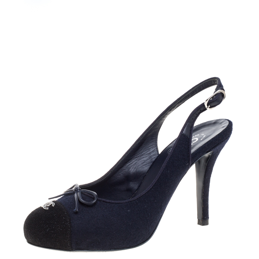 Image of Chanel Black/Blue Tweed Fabric Bow CC Cap Toe Slingback Sandals Size .