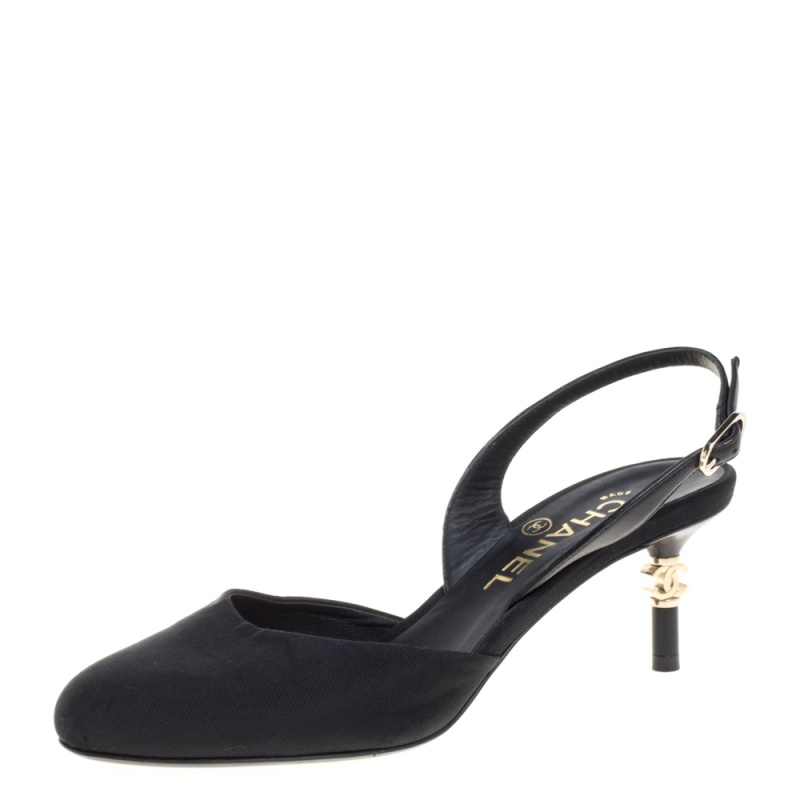Image of Chanel Black Canvas CC Heels Slingback Sandals Size
