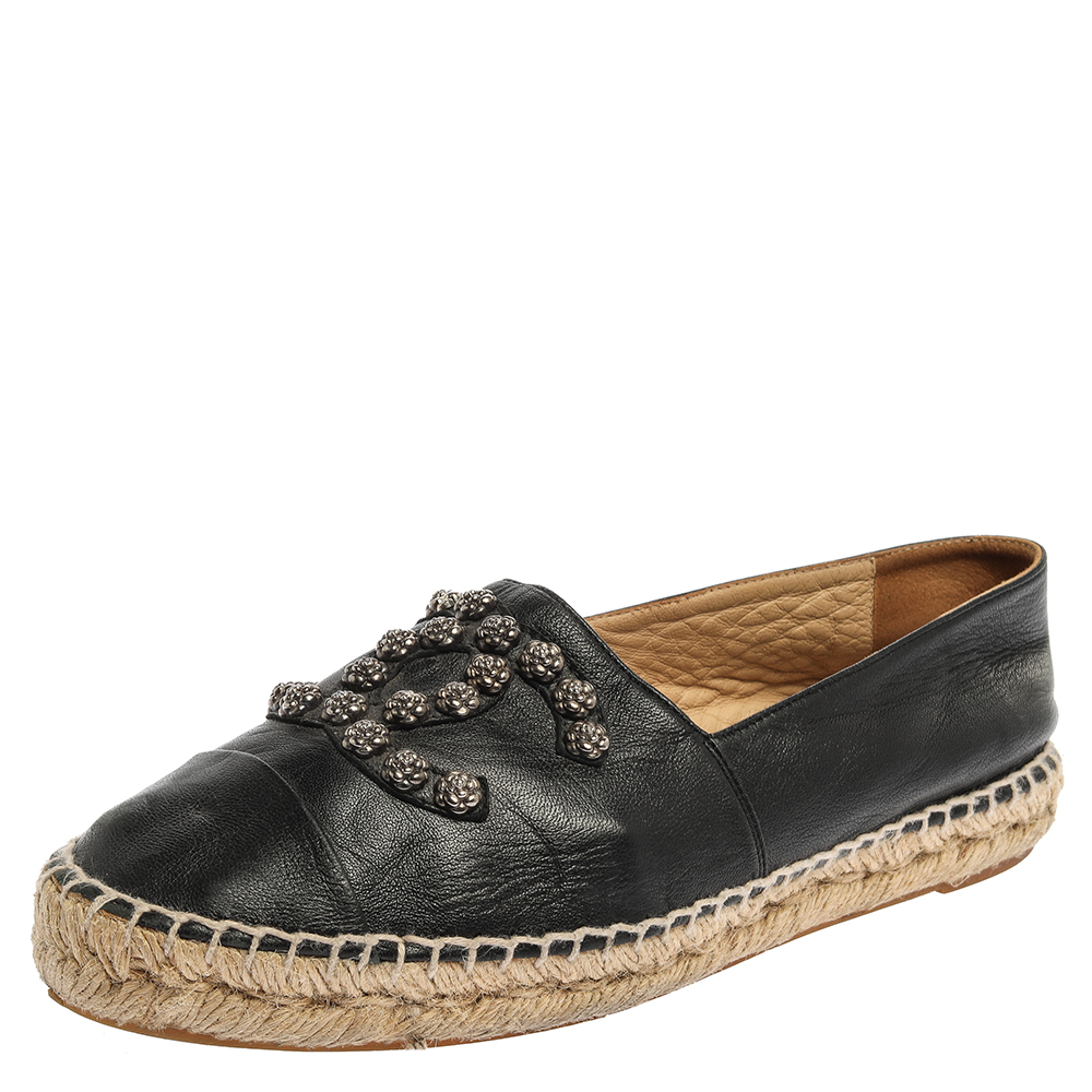 Image of Chanel Black Leather CC Camellia Stud Espadrilles Size