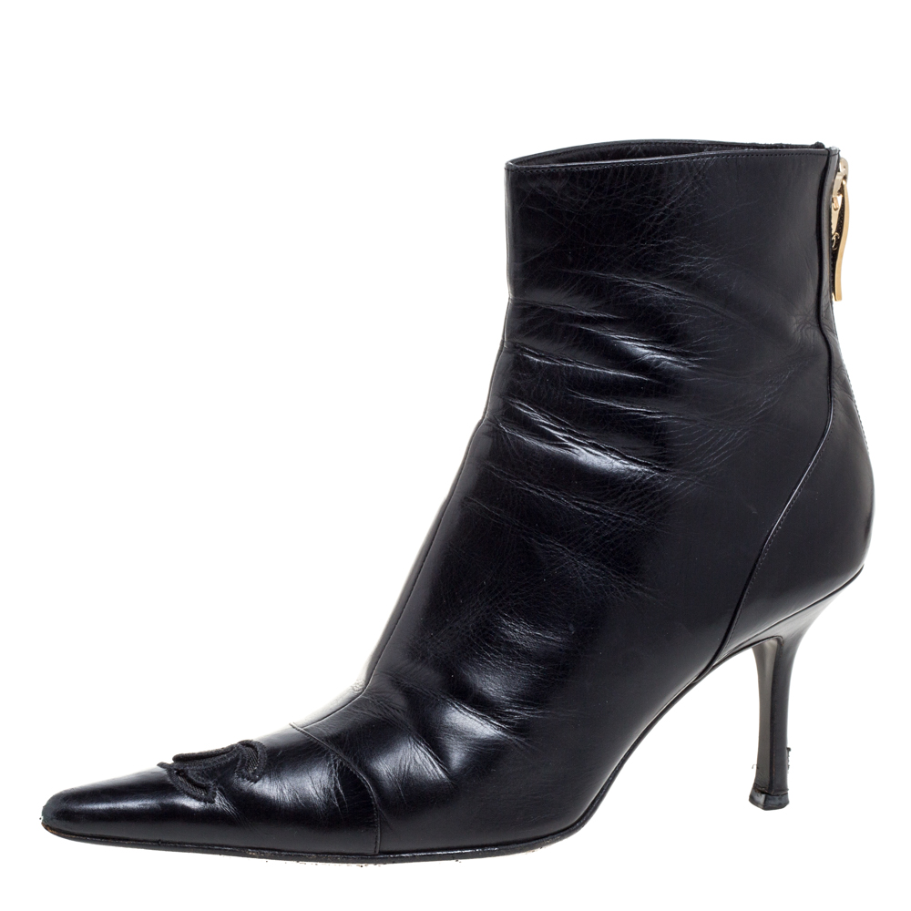 Image of Chanel Black Leather CC Pointed Toe Ankle Boots
