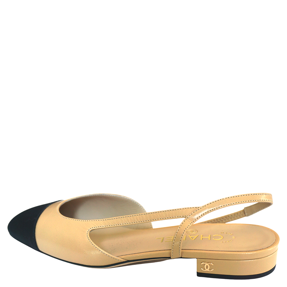 Image of Chanel Beige/Black Leather and Fabric Cap Toe Slingback Flats Sandals Size