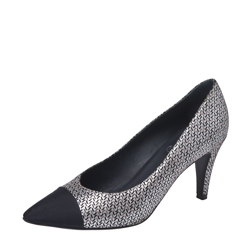 Chanel Metallic Black/Silver Suede And Canvas Pointed Cap Toe Pumps Size 38.5