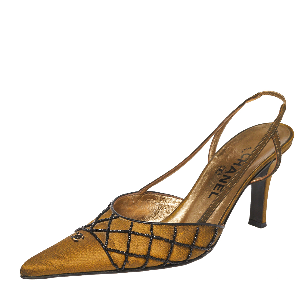 Image of Chanel Vintage Olive Green Fabric CC Slingback Sandals Size