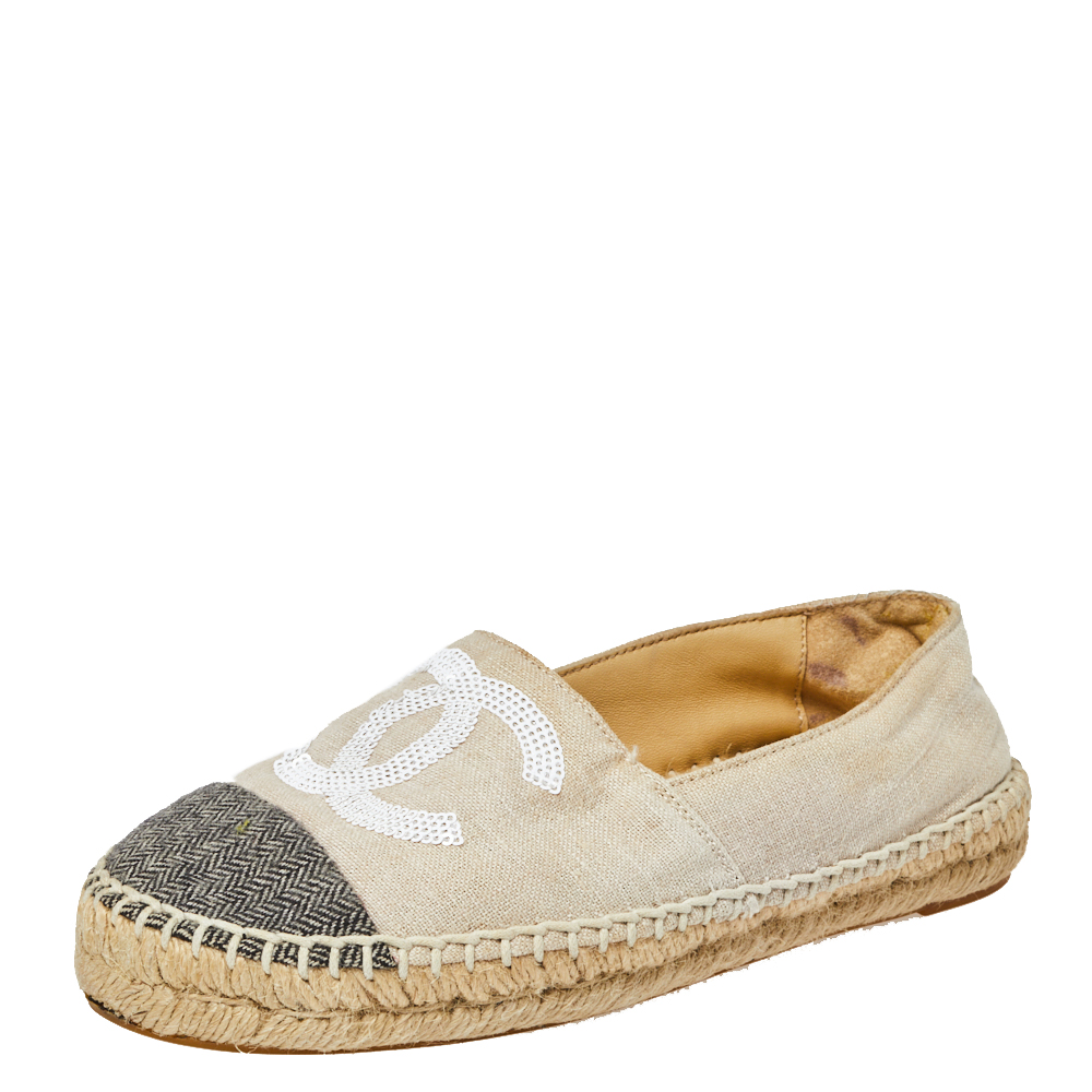 Image of Chanel White/Black Canvas And Tweed Fabric Sequins Embellished CC Cap Toe Espadrilles Flats Size
