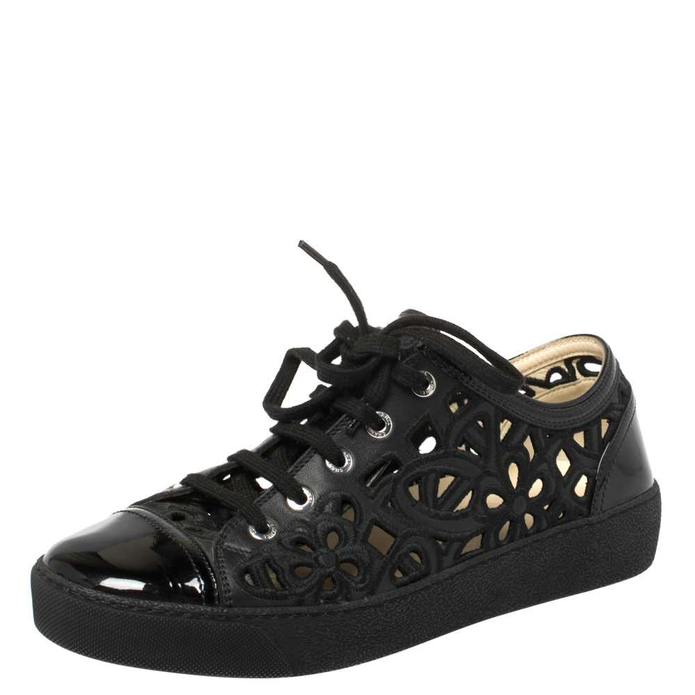Image of Chanel Black Floral Cutout Leather CC Low Top Sneakers Size