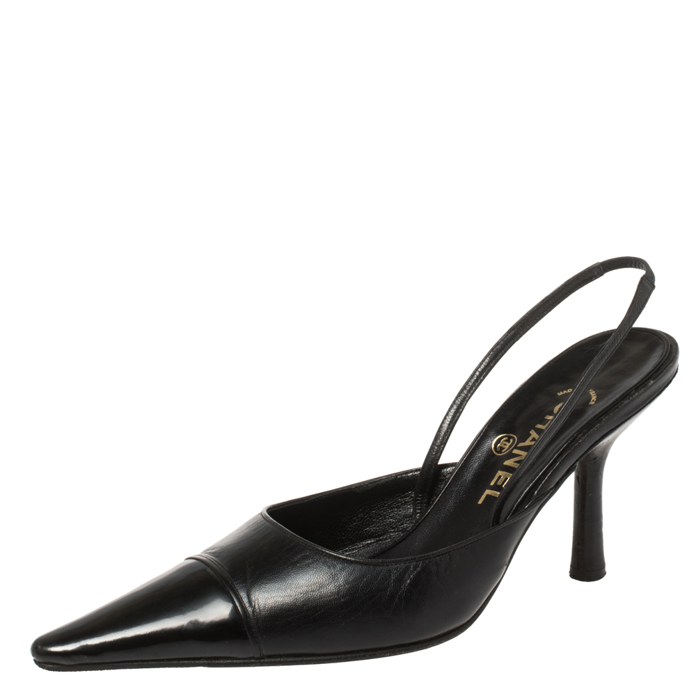 Image of Chanel Black Leather Cap Toe Slingback Sandals Size .