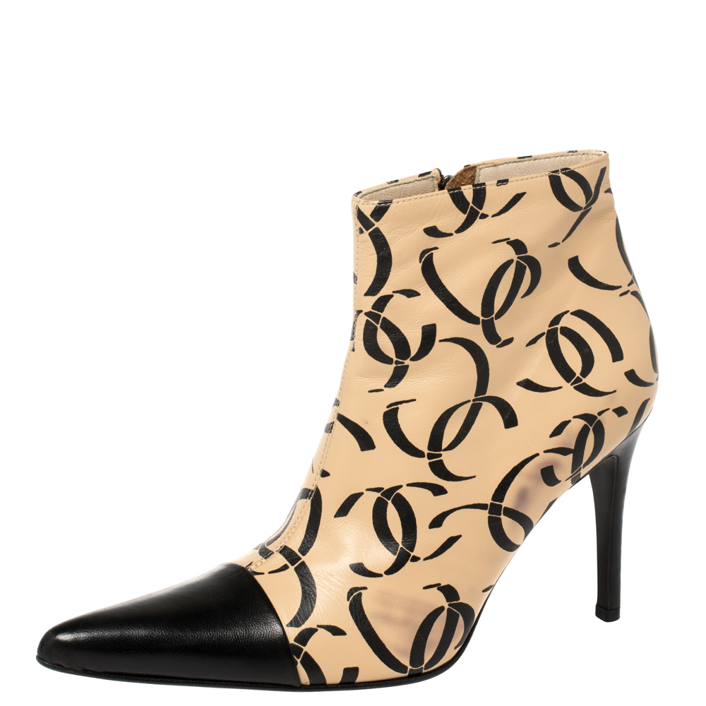 Image of Chanel Beige/Black Leather CC Logo Ankle Boots Size .