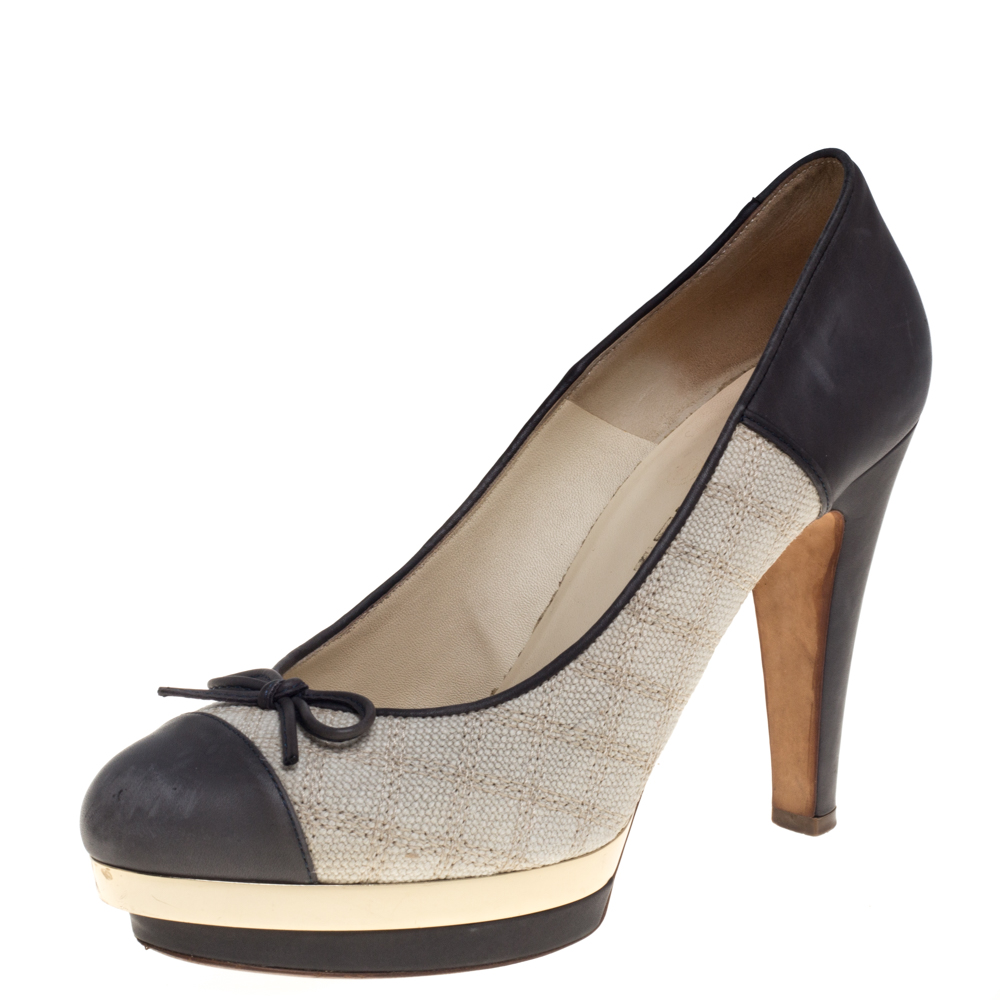 Chanel Grey Leather and Beige Canvas Bow Platform Pumps Size 38.5