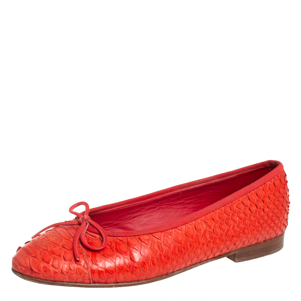 Chanel Red Python Leather CC Ballet Flats Size 37