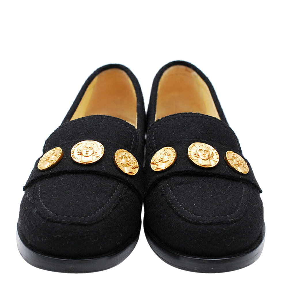 Chanel Black Tweed Coin Loafers Size 34.5