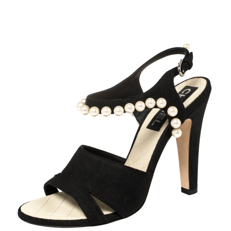 Chanel Black Suede Pearl Embellishment Sandals Size 39