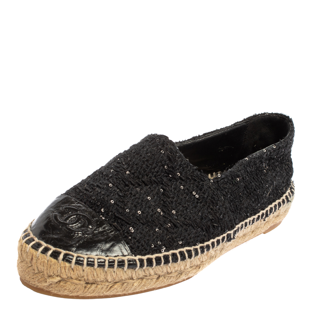 Chanel Black Sequins Tweed And Leather CC Espadrille Flats Size 38