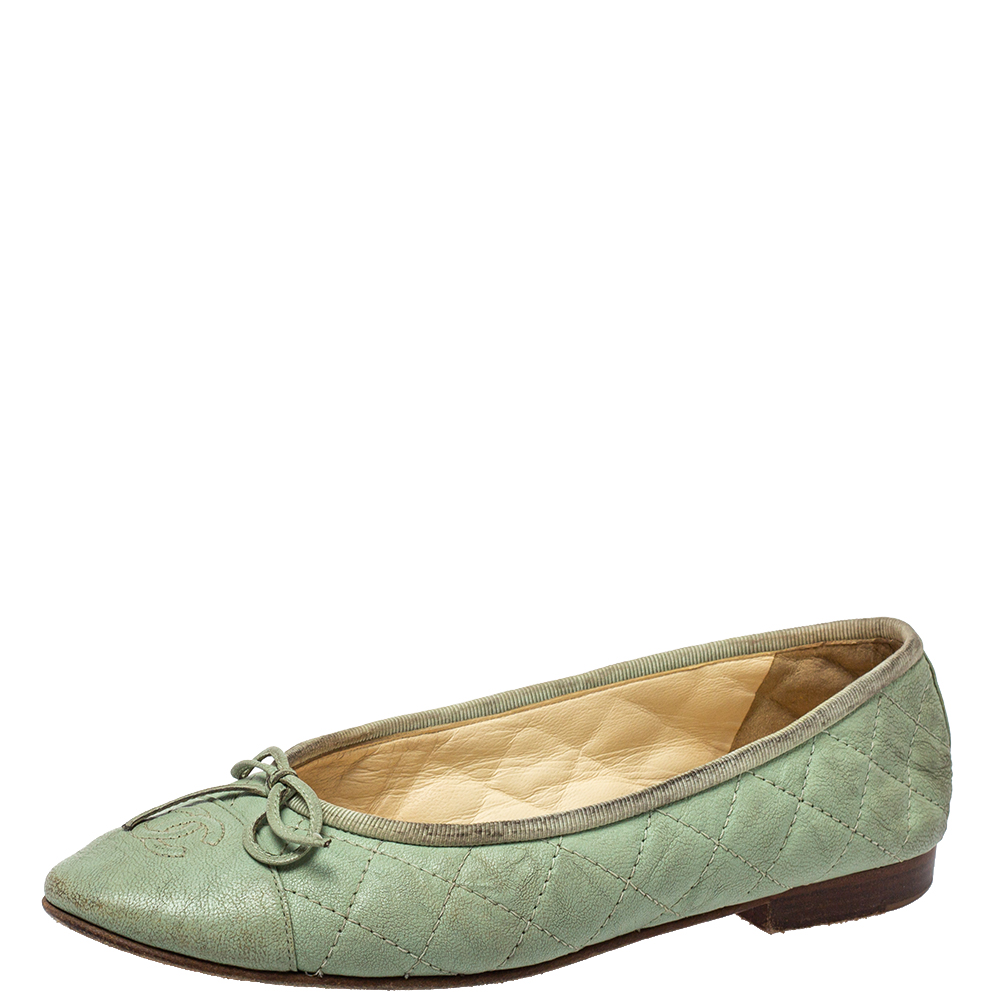Chanel Mint Green Quilted Leather Bow CC Cap Toe Ballet Flats Size 37