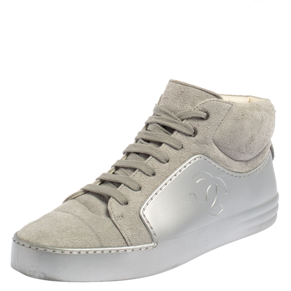 Chanel Grey/Silver Suede and Rubber CC High Top Sneakers Size 38.5