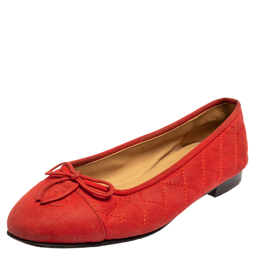 Chanel Red Leather CC Cap Toe Bow Ballet Flats Size 37