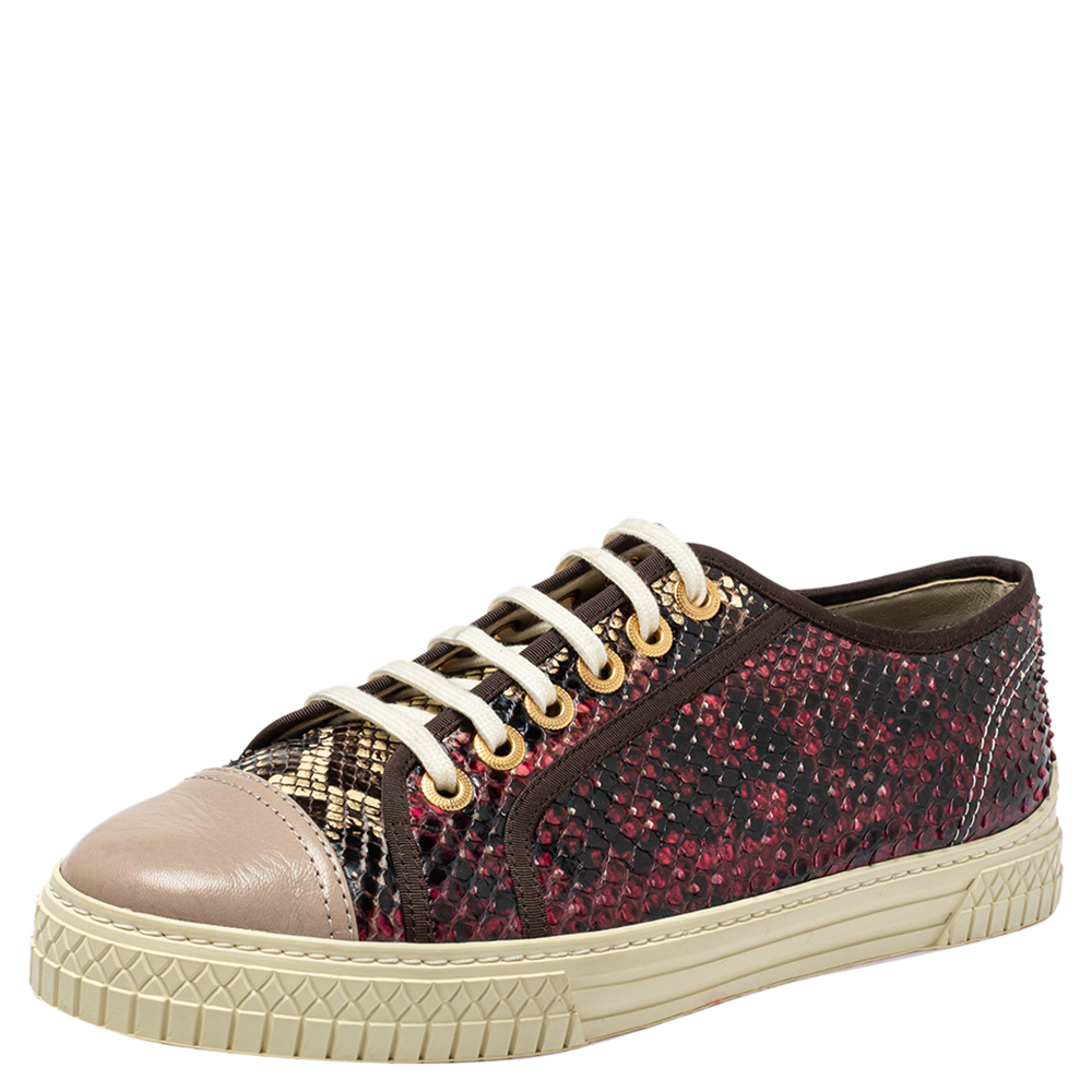 Chanel Multicolor Python And Leather Cap Toe Low Top Sneakers Size 40