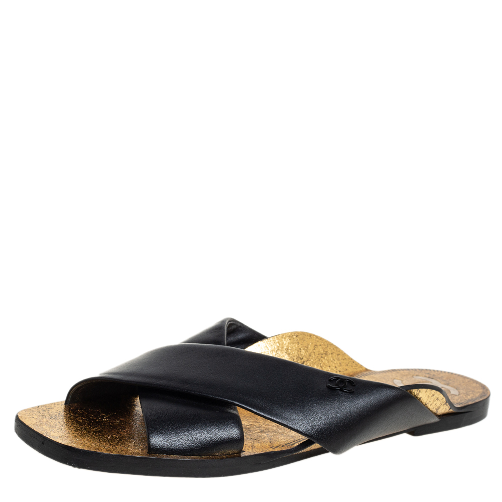 Chanel Black Leather Crisscross Strap Flat Sandals Size 41