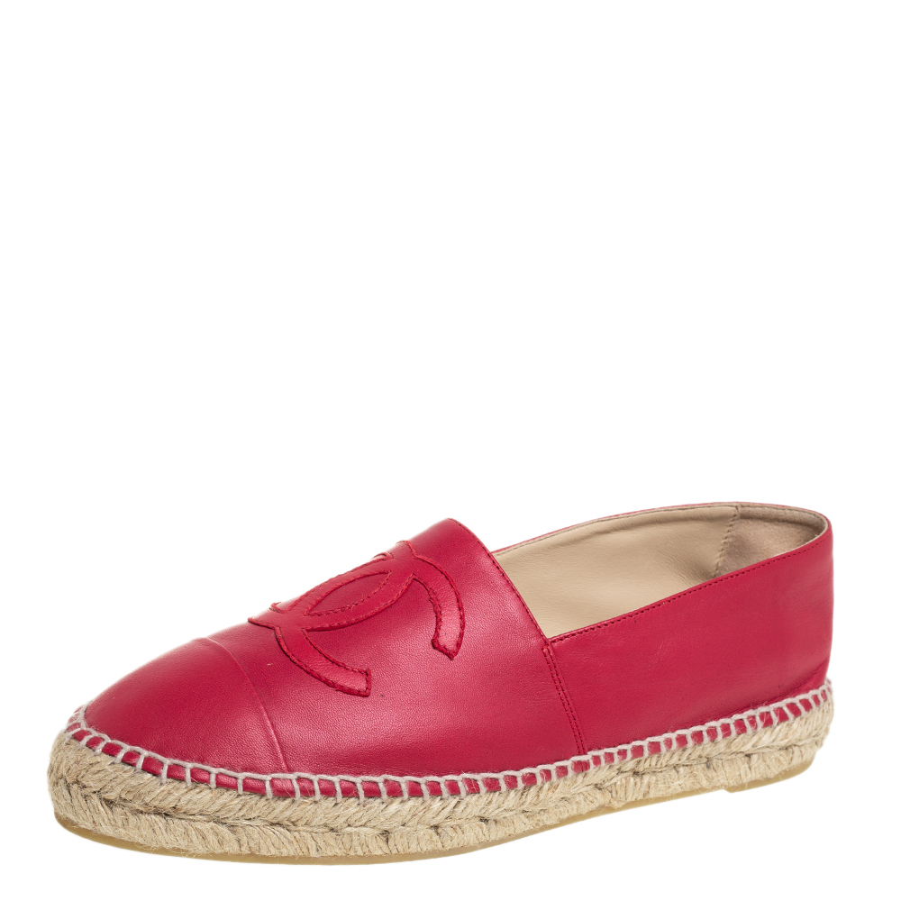 Chanel Red Leather Cap Toe Espadrille Flats Size 41