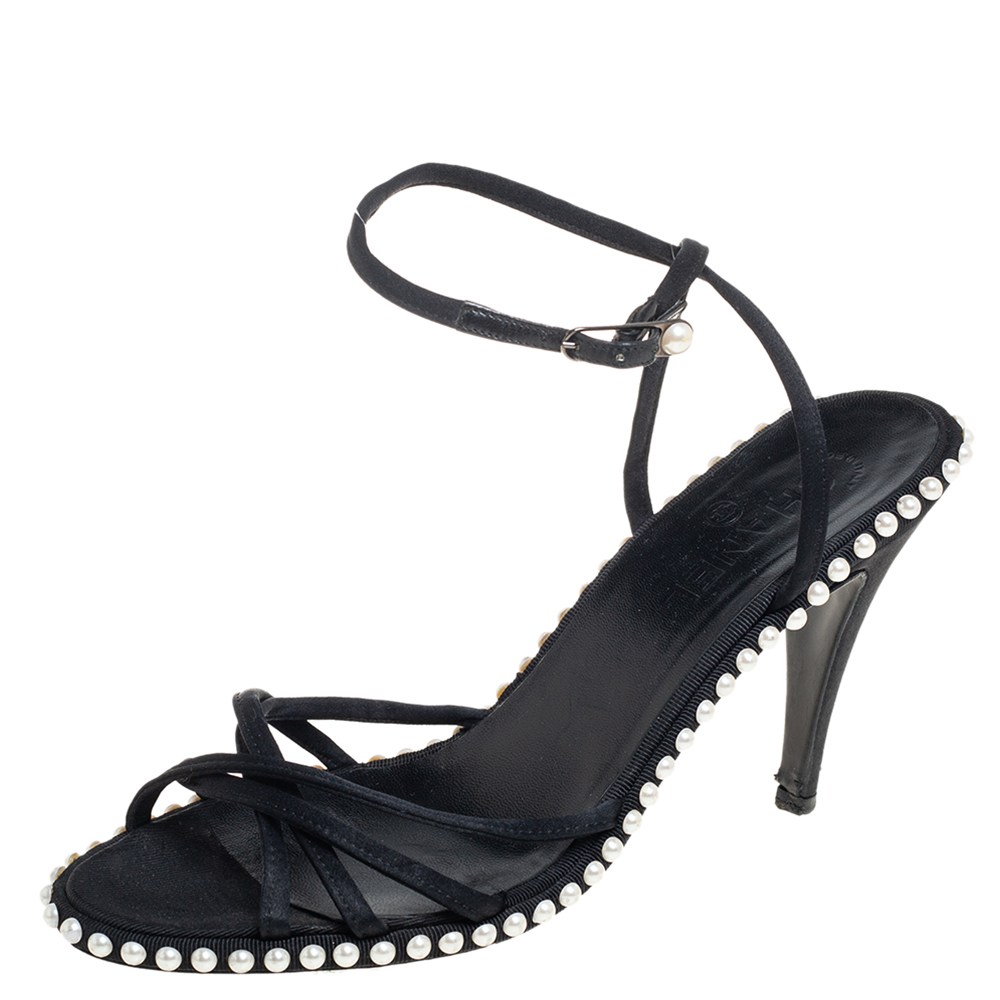 Chanel Black Satin Pearl Embellished Ankle Wrap Sandals Size 39.5
