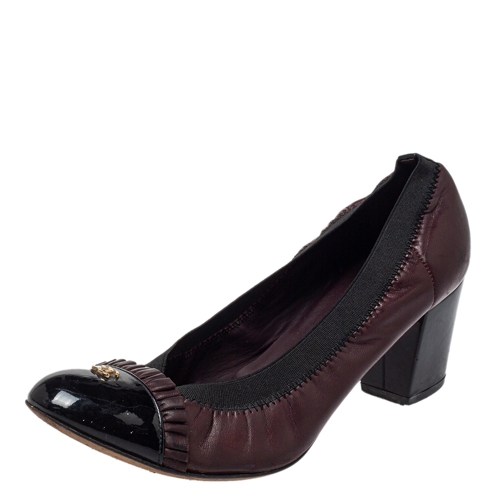 Chanel Black/Burgundy Leather And Patent Cap Toe Pumps Size 38.5