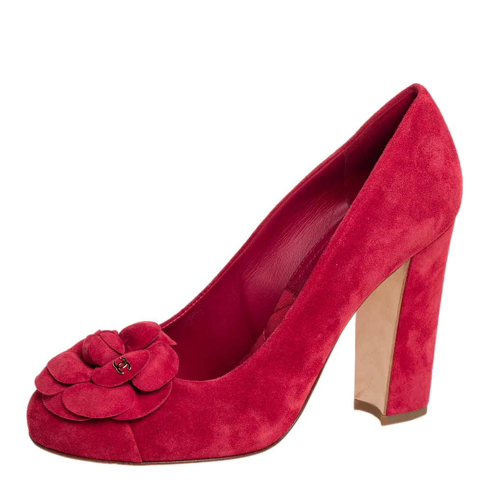 Chanel Red Suede Camellia CC Block Heel Pumps Size 36.5