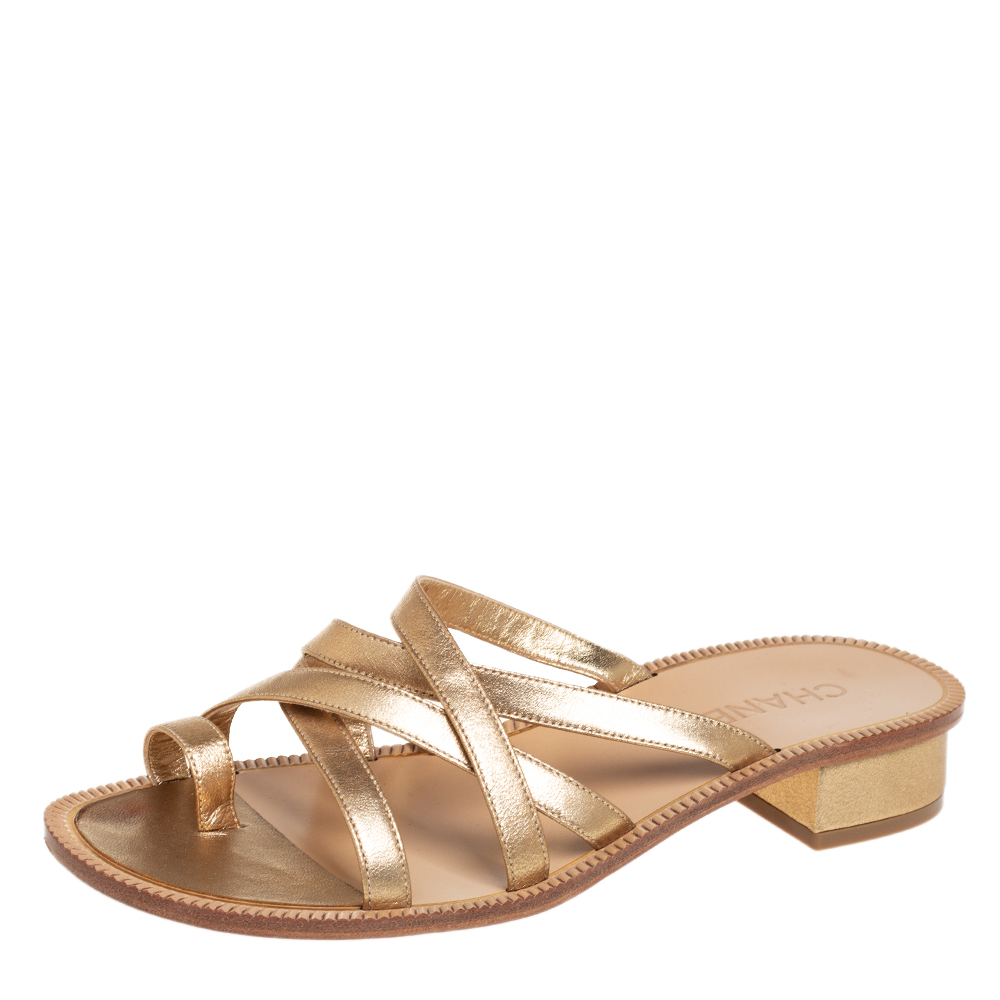 Chanel Gold Leather CC Slide Sandals Size 39
