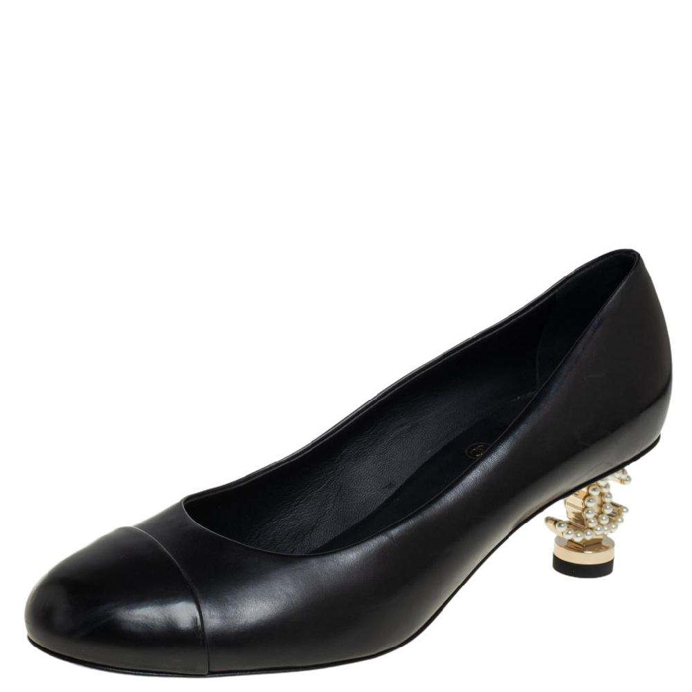 Chanel Black Leather Pearl Embellished CC Heel Pumps Size 36.5