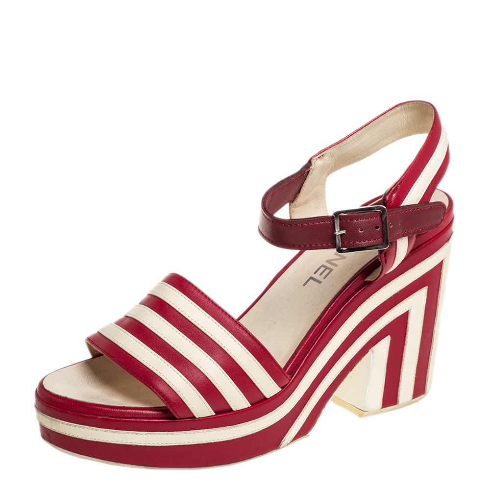 Chanel Cream/Red Striped Leather Platform Sandals Size 39.5