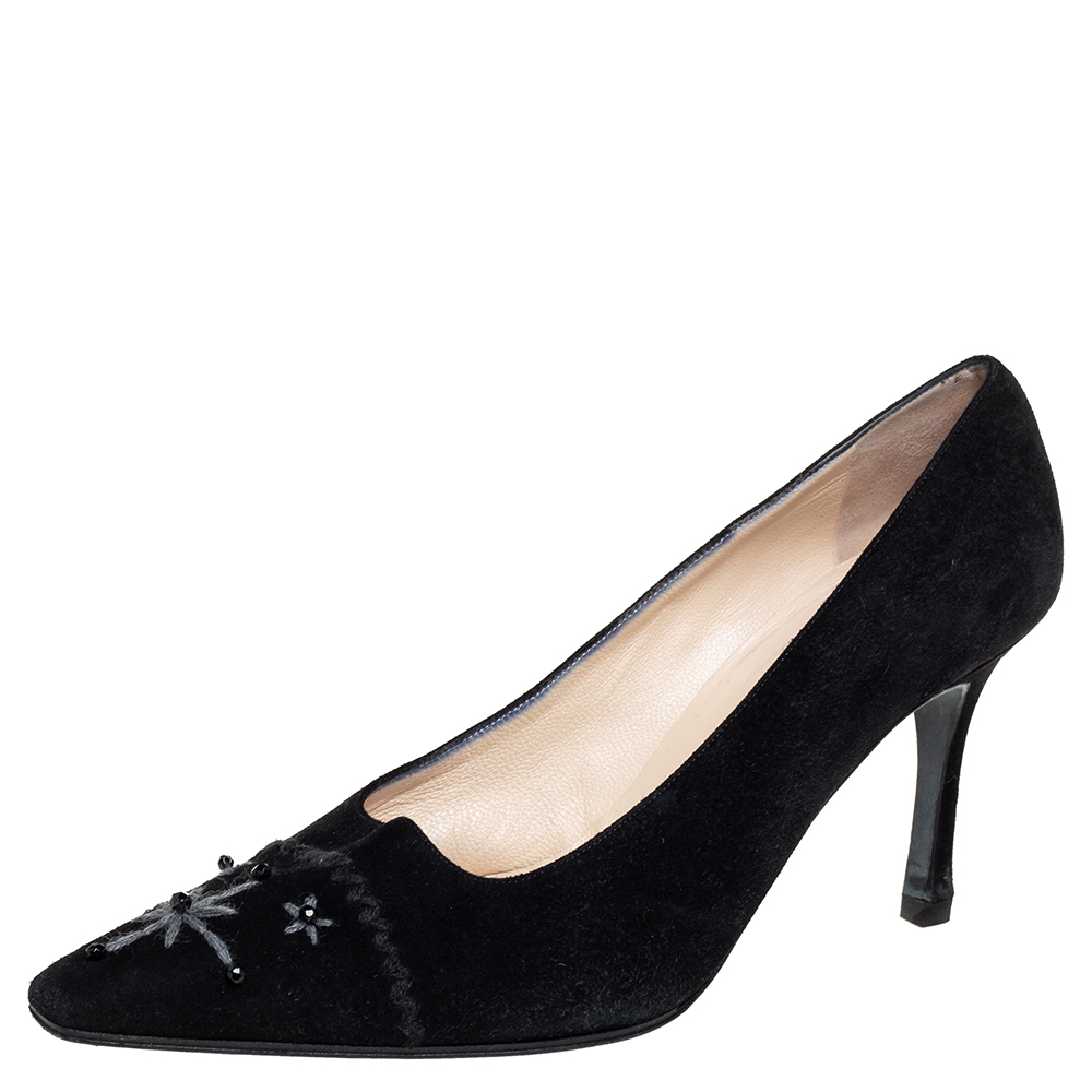 Chanel Black Suede Pointed Toe Pumps Size 38.5